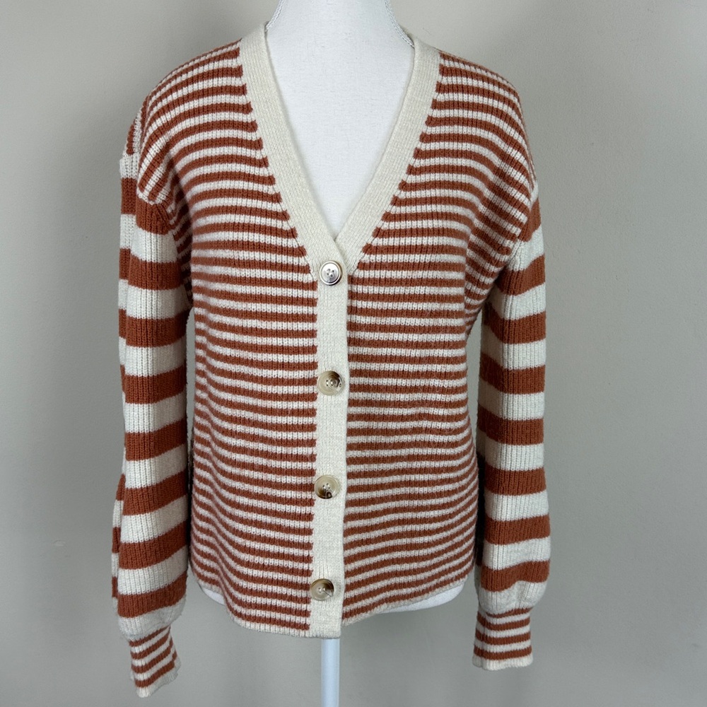 Sadie & Sage Tight Knot Balloon‎ Sleeve Stripe Cardigan Rust & Cream Medium
